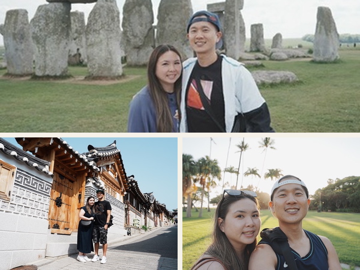 Peter and Lisa at Stonehenge, Bukchon Hanok Village in Seoul, and a sunrise in Hawaii