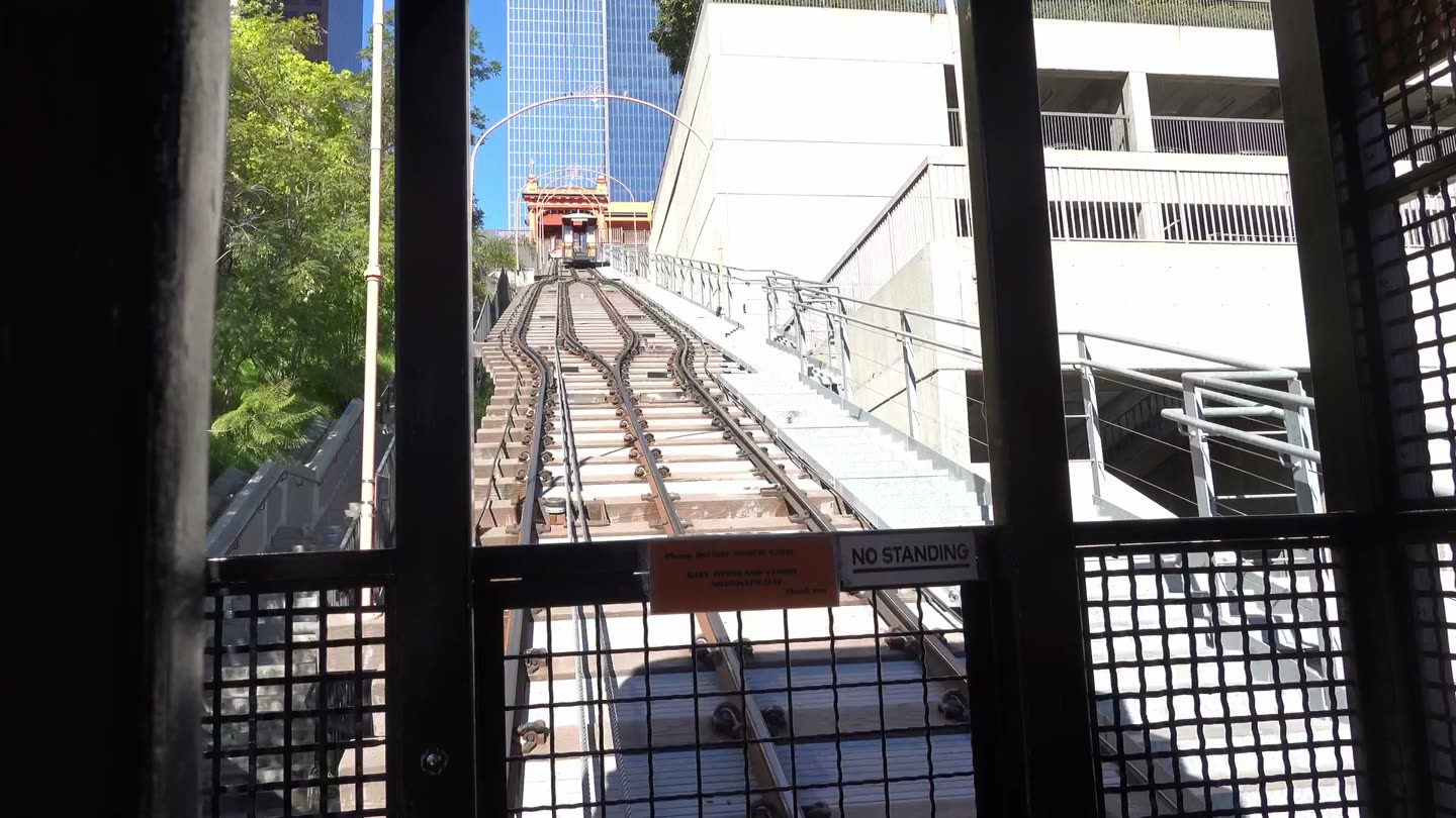 Looking up the steep Angels Flight track from inside the station