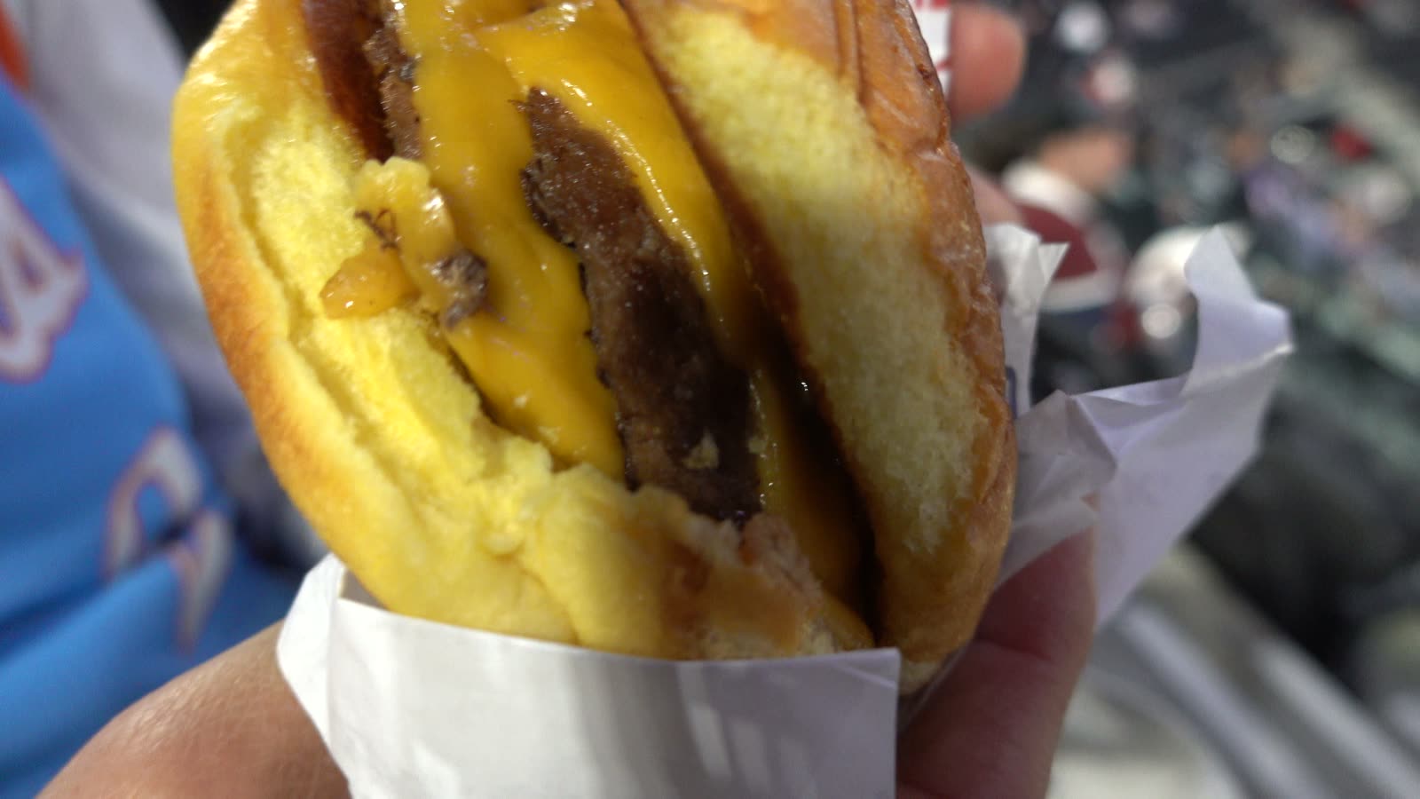 Double smash cheeseburger with melted American cheese from the grab-and-go market at Intuit Dome
