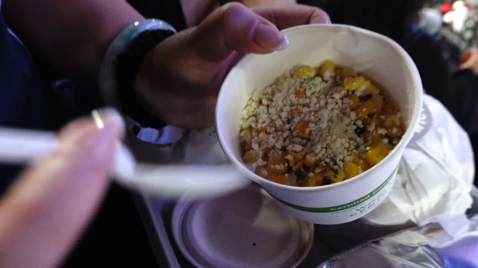 Cup of esquites Mexican street corn at Intuit Dome