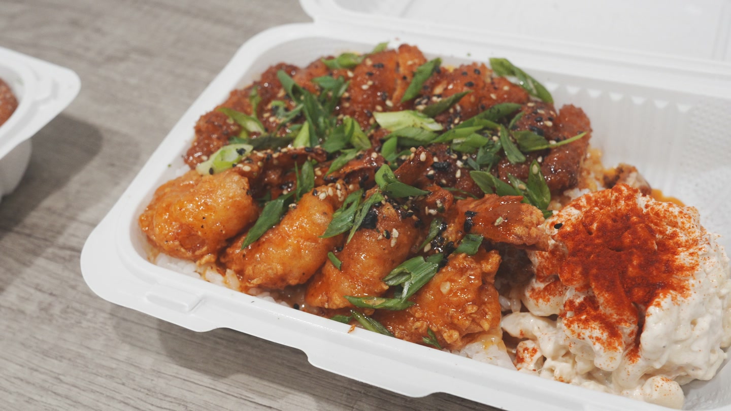 Shootz chicken katsu and shrimp combo plate with rice and macaroni salad.