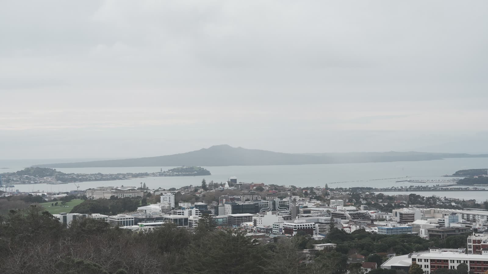 View from the summit of Maungawhau Mount Eden over Auckland toward Rangitoto Island