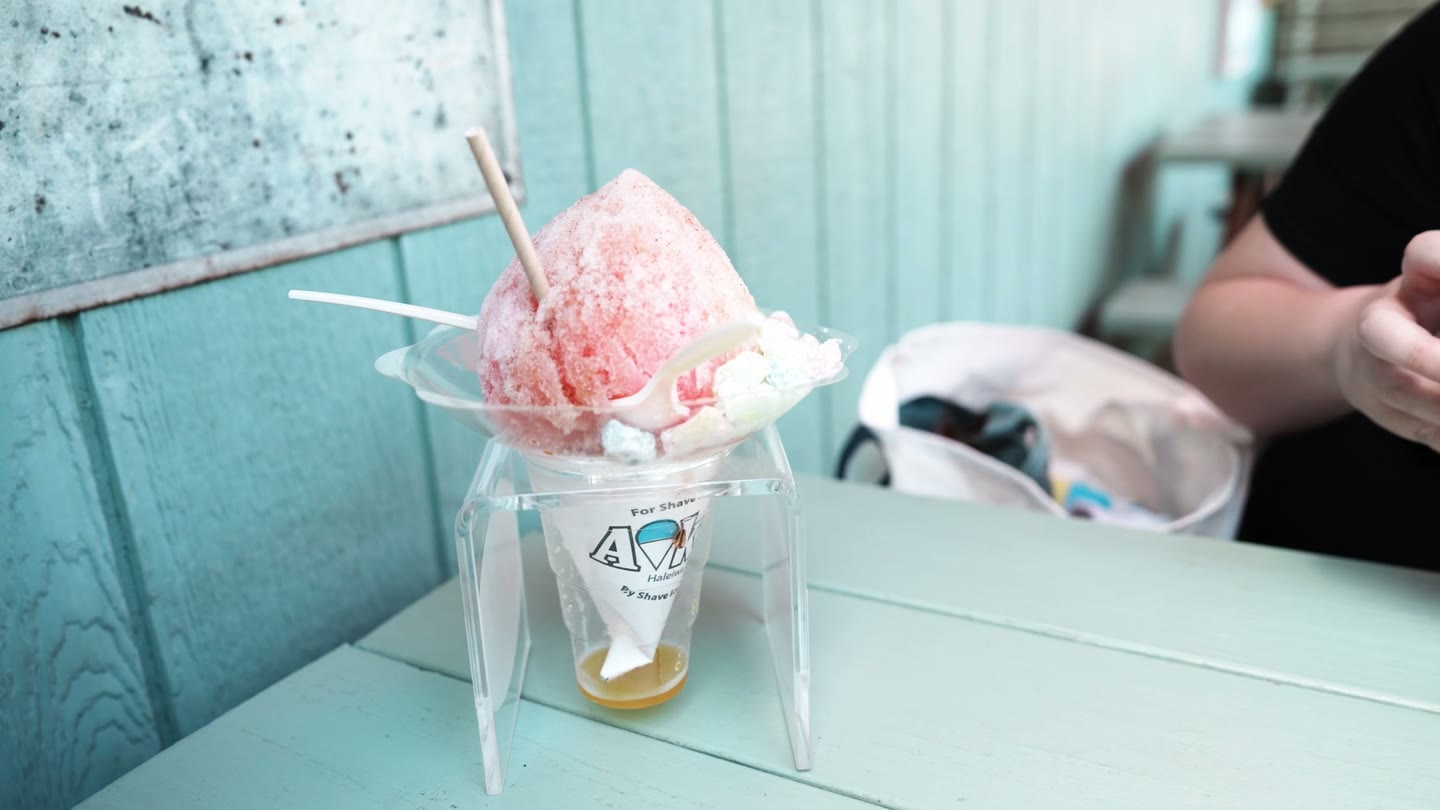 Shave ice at Aoki's in Haleʻiwa, with mochi added to our fruit flavors.
