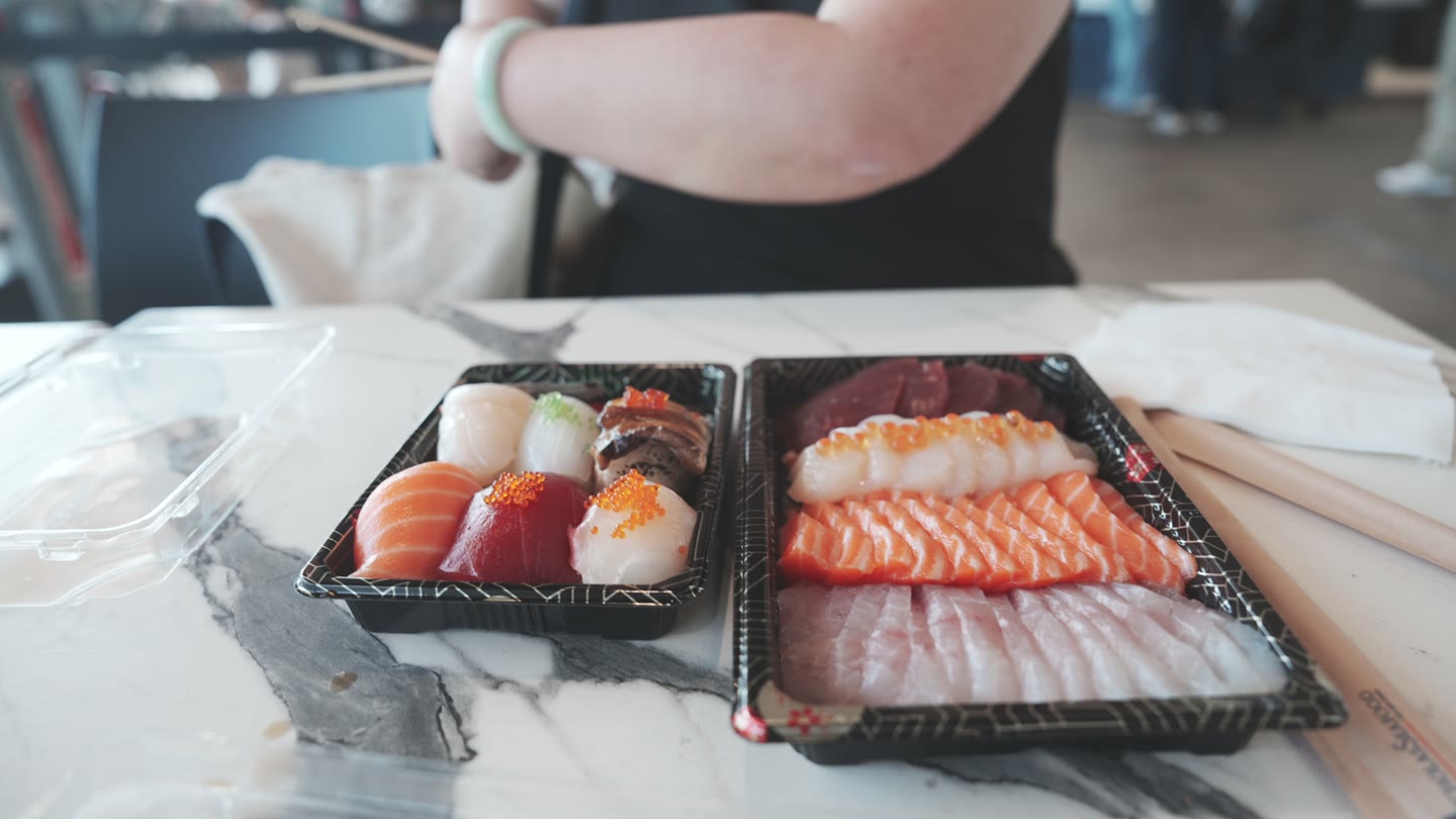 Our nigiri and sashimi trays at Nicholas Seafood in Sydney Fish Market.